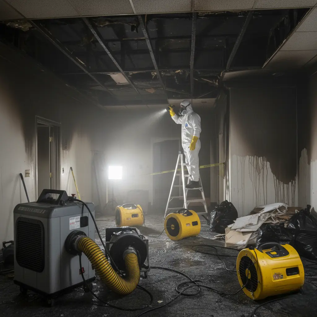 Commercial fire damage restoration underway in an Arlington business, with equipment like air scrubbers and dehumidifiers operating to remove smoke and water damage