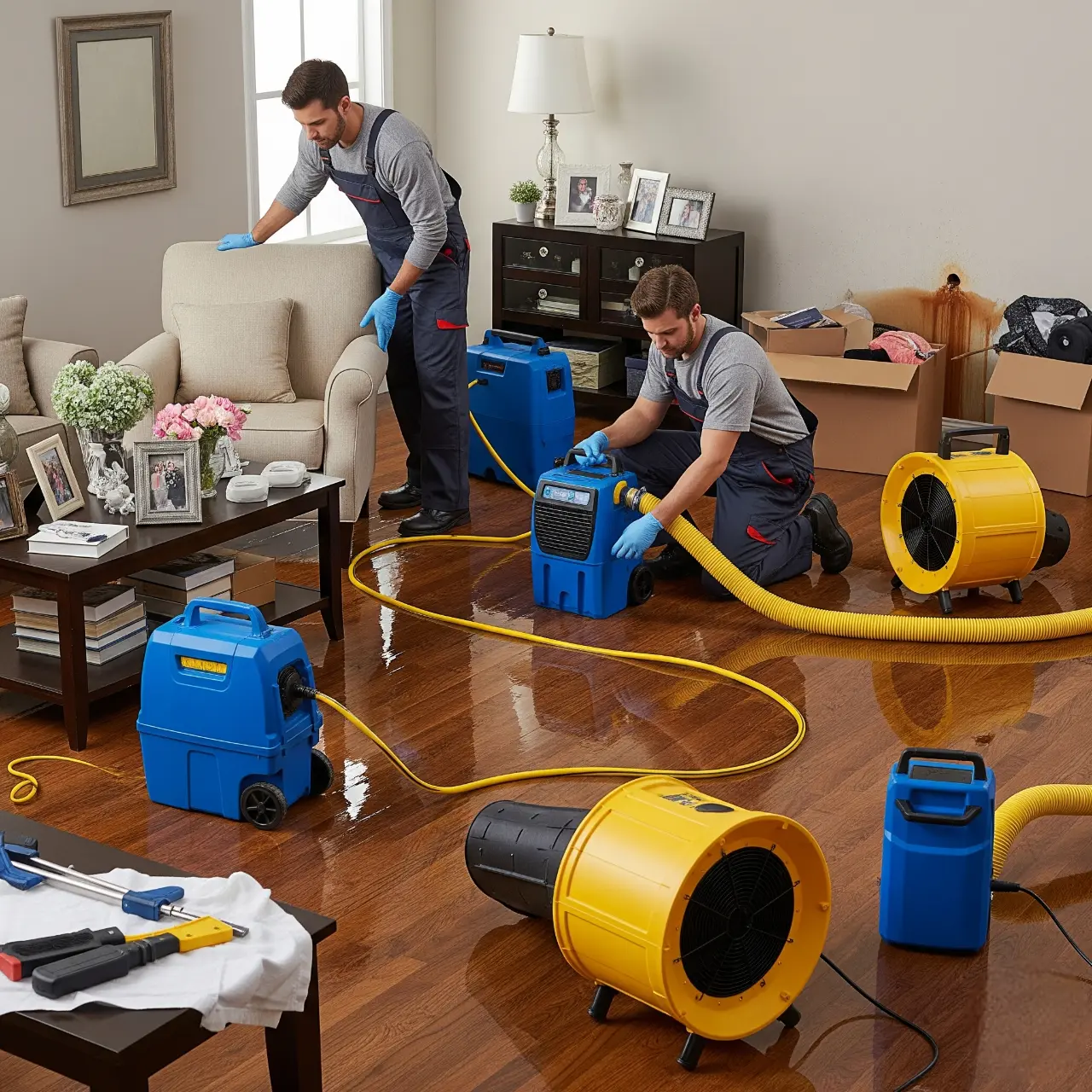 Emergency Water Damage Restoration in Santa Rosa living room after a burst pipe with drying equipment.