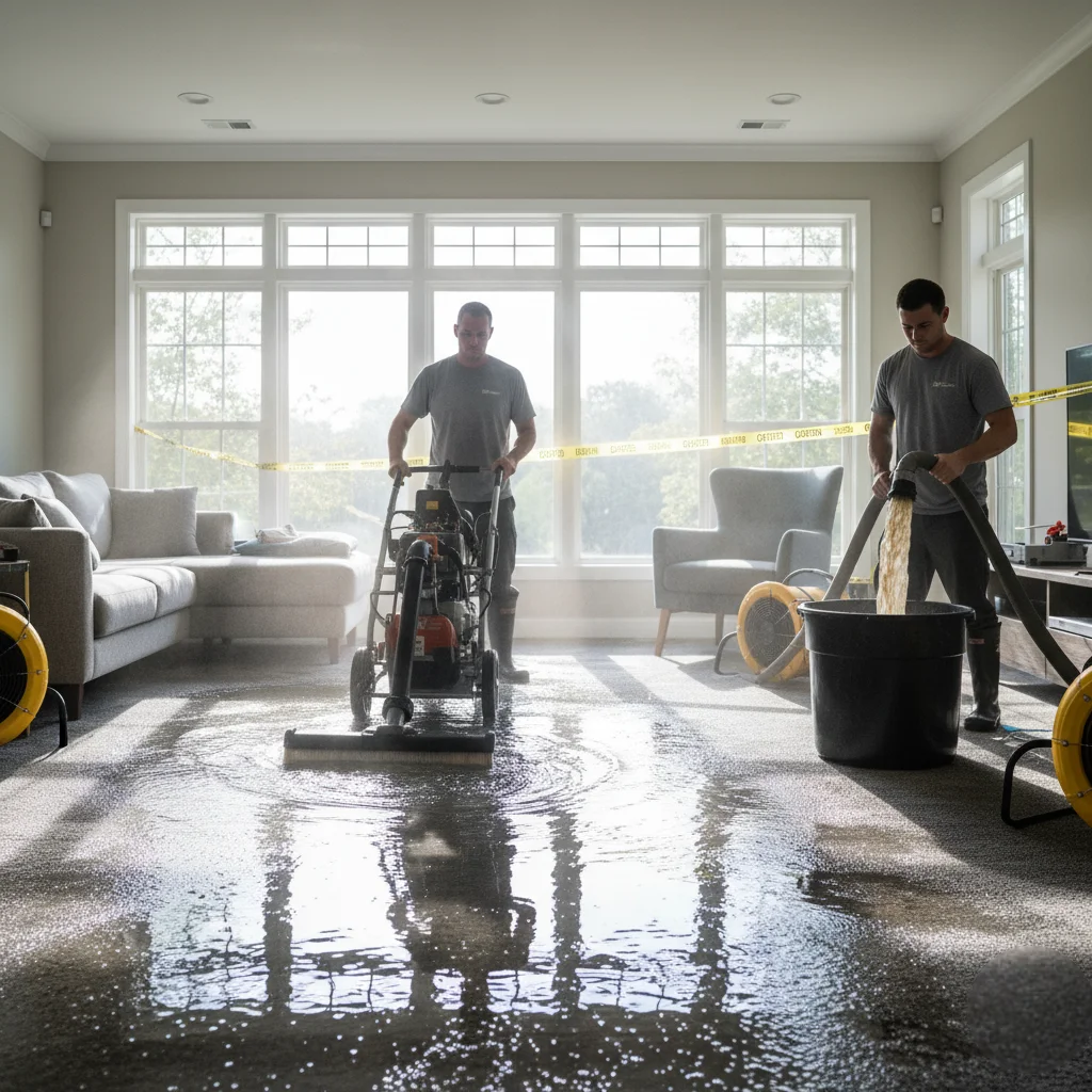 Residential water damage restoration in Arlington, VA living room after flooding.