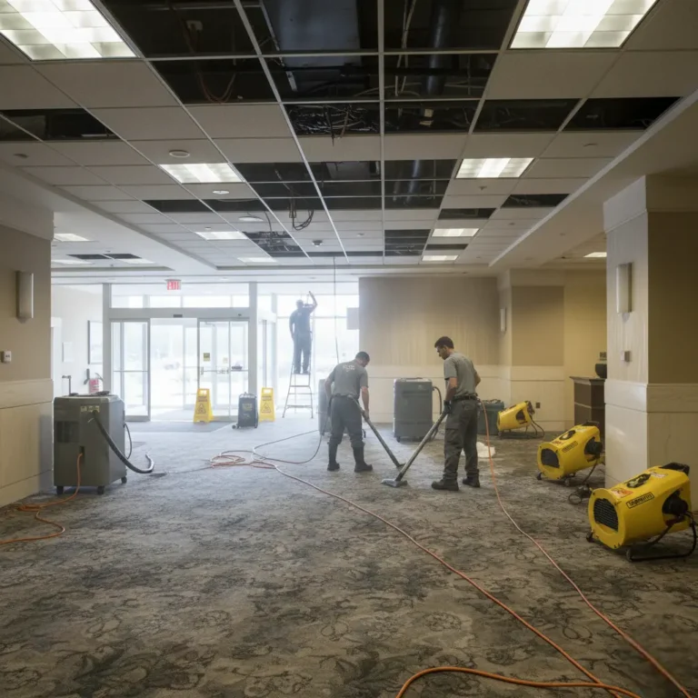 Storm damage restoration team drying out a wet carpeted lobby in an Arlington office building, with dehumidifiers running and ceiling panels removed for inspection.